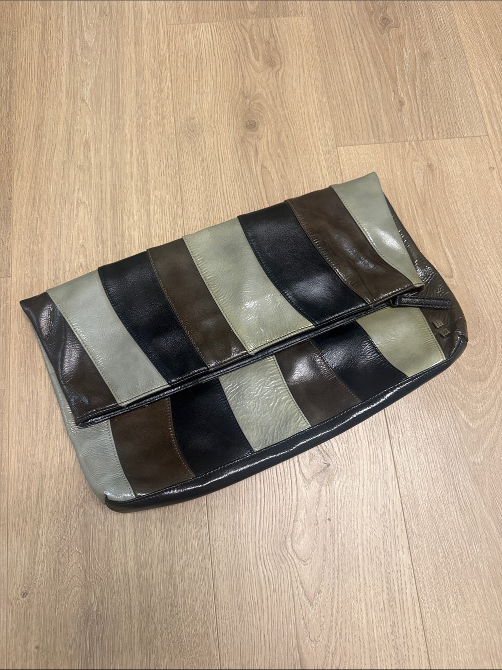 Vintage Helen Welsh Striped Leather Fold-Over Clutch in Black, Brown & Gray